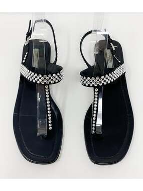 Prada Swarovski Crystal Black Suede Thong Sandals EU 39.5